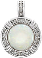 Platinum Round Natural White Opal & Natural Diamond Cabochon Pendant