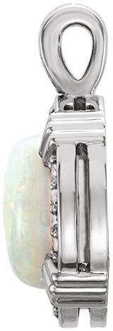 Platinum Round Natural White Opal & Natural Diamond Cabochon Pendant - view 2