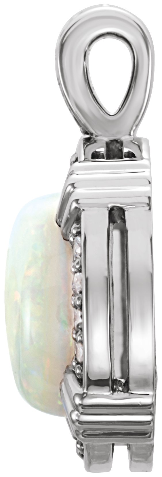 14K Gold Round Natural White Opal & Natural Diamond Cabochon Pendant - White Gold - view 2