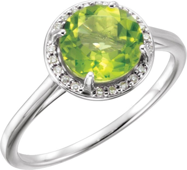 14K Gold Round Natural Peridot & Natural Diamond Halo-Style Ring - White Gold