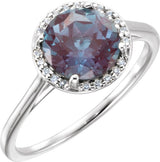 14K Gold Round Lab-Grown Alexandrite & Natural Diamond Halo-Style Ring - White Gold