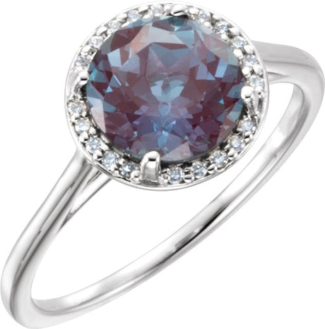 14K Gold Round Lab-Grown Alexandrite & Natural Diamond Halo-Style Ring - White Gold