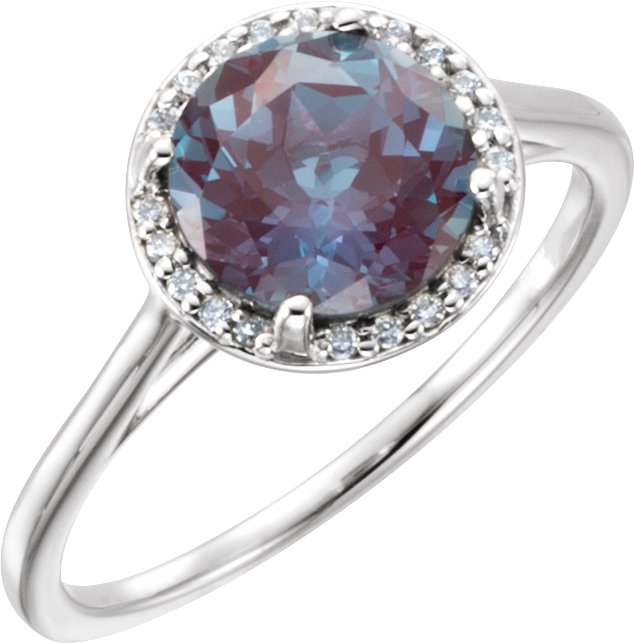 14K Gold Round Lab-Grown Alexandrite & Natural Diamond Halo-Style Ring - White Gold