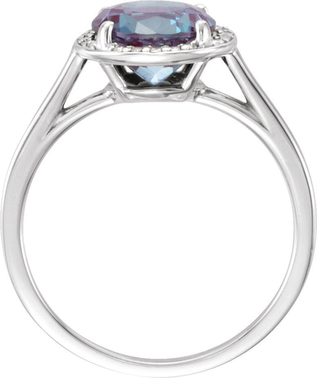 14K Gold Round Lab-Grown Alexandrite & Natural Diamond Halo-Style Ring - White Gold - view 2