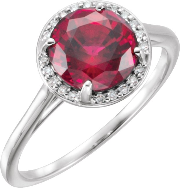 14K Gold Round Lab-Grown Ruby & Natural Diamond Halo-Style Ring - White Gold