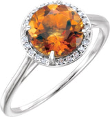 14K Gold Round Natural Citrine & Natural Diamond Halo-Style Ring – 8mm Stones - White Gold