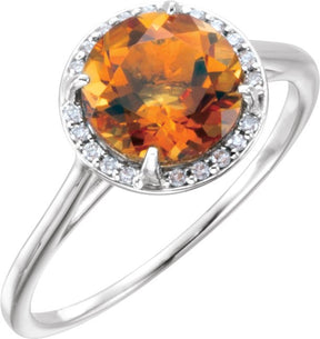 14K Gold Round Natural Citrine & Natural Diamond Halo-Style Ring – 8mm Stones - White Gold