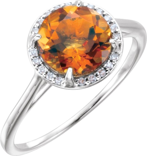 14K Gold Round Natural Citrine & Natural Diamond Halo-Style Ring – 8mm Stones - White Gold