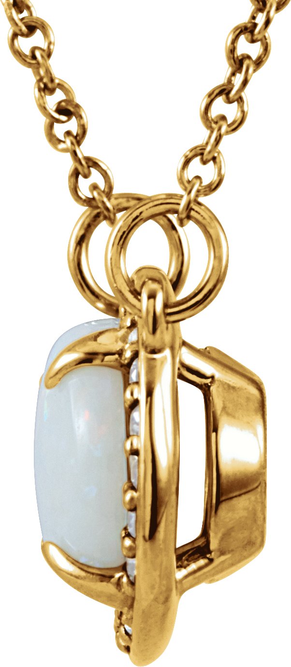 14K Gold Oval Natural White Opal & Natural Diamond Halo-Style Necklace - Yellow Gold - view 2