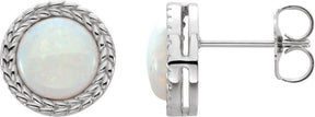Platinum Round Natural White Opal Cabochon Bezel-Set Leaf Earrings