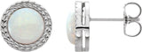14K Gold Round Natural White Opal Cabochon Bezel-Set Leaf Earrings - White Gold