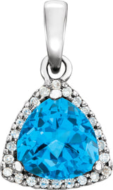 14K Gold Natural Swiss Blue Topaz & Natural Diamond Trillion Halo-Style Pendant - White Gold