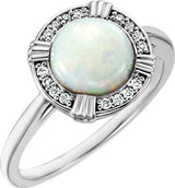 Platinum Round Natural White Opal & Natural Diamond Cabochon Ring