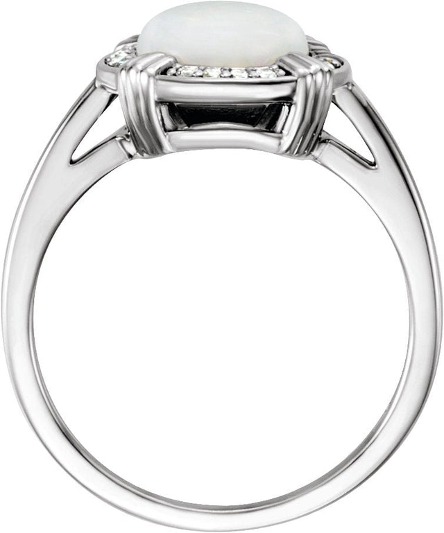 Platinum Round Natural White Opal & Natural Diamond Cabochon Ring - view 2