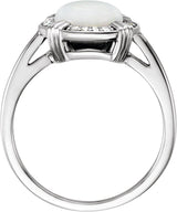 14K Gold Round Natural White Opal & Natural Diamond Cabochon Ring - White Gold - view 2