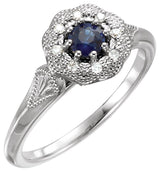 14K Gold Round Natural Blue Sapphire & Natural Diamond Vintage-Inspired Halo-Style Ring - Rose Gold - view 4