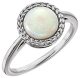 Platinum Round Natural White Opal Bezel-Set Cabochon Ring