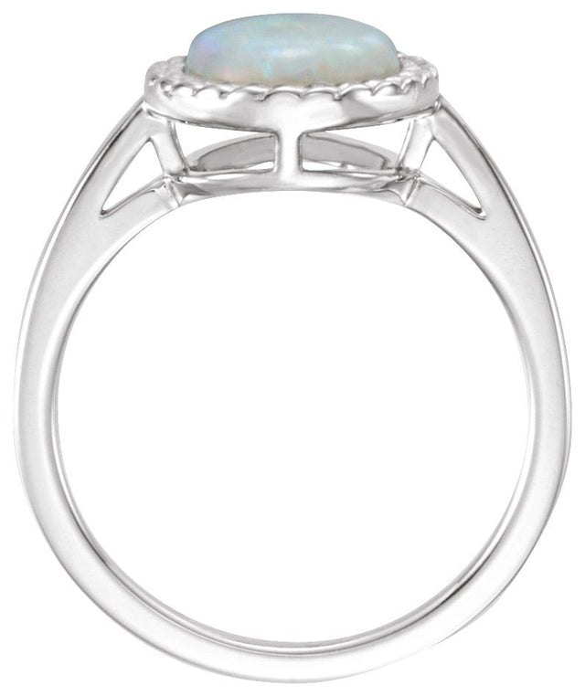 14K Gold Round Natural White Opal Bezel-Set Cabochon Ring - White Gold - view 2