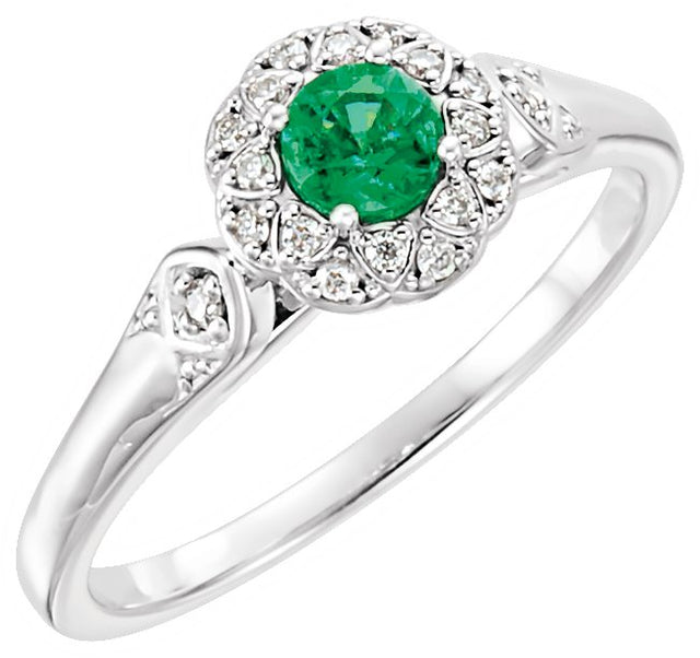 Platinum Round Natural Emerald & Natural Diamond Halo-Style Ring - view 4