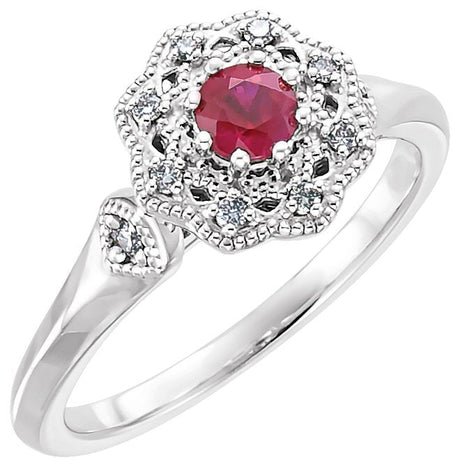 Platinum Round Natural Ruby & Natural Diamond Halo-Style Ring