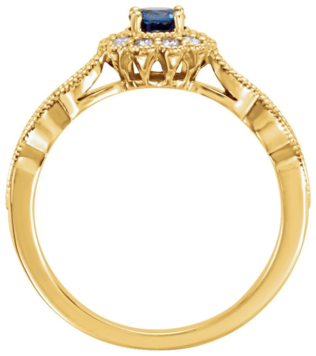 14K Gold Round Natural Blue Sapphire & Natural Diamond Halo-Style Ring - Yellow Gold - view 2