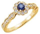 14K Gold Round Natural Blue Sapphire & Natural Diamond Halo-Style Ring - Yellow Gold