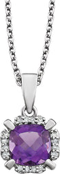 14K Gold Cushion Natural Amethyst & Natural Diamond Halo-Style Birthstone Necklace – 0.04 CTW