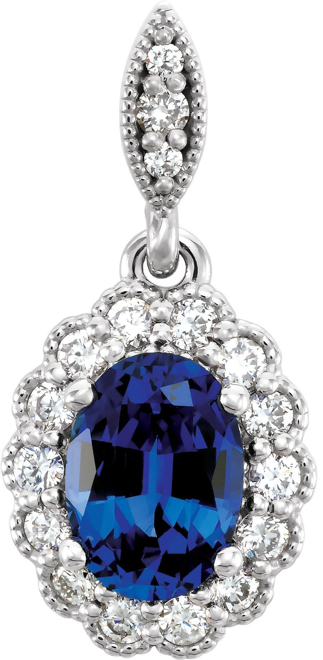 Platinum Oval Lab-Grown Blue Sapphire & Natural Diamond Halo-Style Pendant – 1/5 CTW