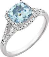 14K Gold Cushion Natural Aquamarine & Natural Diamond Halo-Style Ring