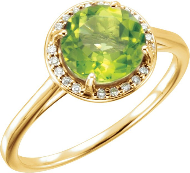 14K Gold Round Natural Peridot & Natural Diamond Halo-Style Ring - Yellow Gold