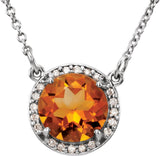 Platinum Round Natural Citrine & Natural Diamond Halo-Style Necklace