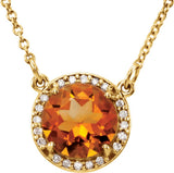 14K Gold Round Natural Citrine & Natural Diamond Halo-Style Necklace - Yellow Gold