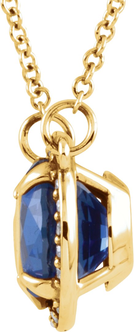 14K Gold Round Lab-Grown Blue Sapphire & Natural Diamond Halo-Style Necklace – 6-8mm Stones - Yellow Gold - view 2