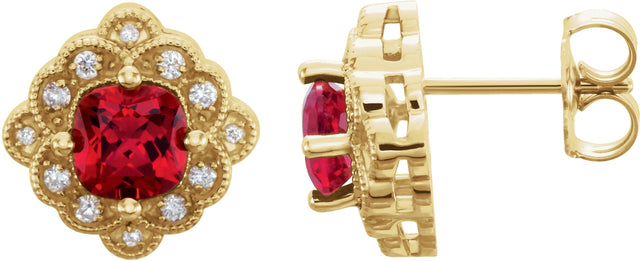14K Gold Lab-Grown Ruby & Natural Diamond Cushion 4-Prong Vintage-Inspired Earrings - Yellow Gold