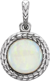 14K Gold Round Natural White Opal Leaf Cabochon Pendant - White Gold