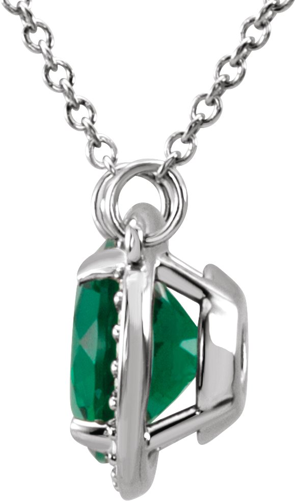14K Gold Round Lab-Grown Emerald & Natural Diamond Halo-Style Necklace - White Gold - view 2