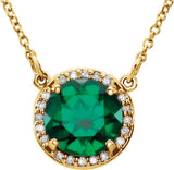 14K Gold Round Lab-Grown Emerald & Natural Diamond Halo-Style Necklace - Yellow Gold