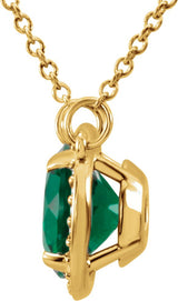 14K Gold Round Lab-Grown Emerald & Natural Diamond Halo-Style Necklace - Yellow Gold - view 2