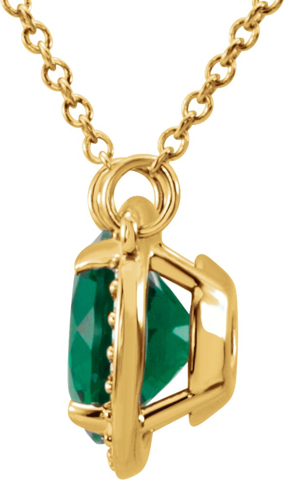 14K Gold Round Lab-Grown Emerald & Natural Diamond Halo-Style Necklace - Yellow Gold - view 2