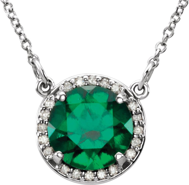 14K Gold Round Lab-Grown Emerald & Natural Diamond Halo-Style Necklace - White Gold