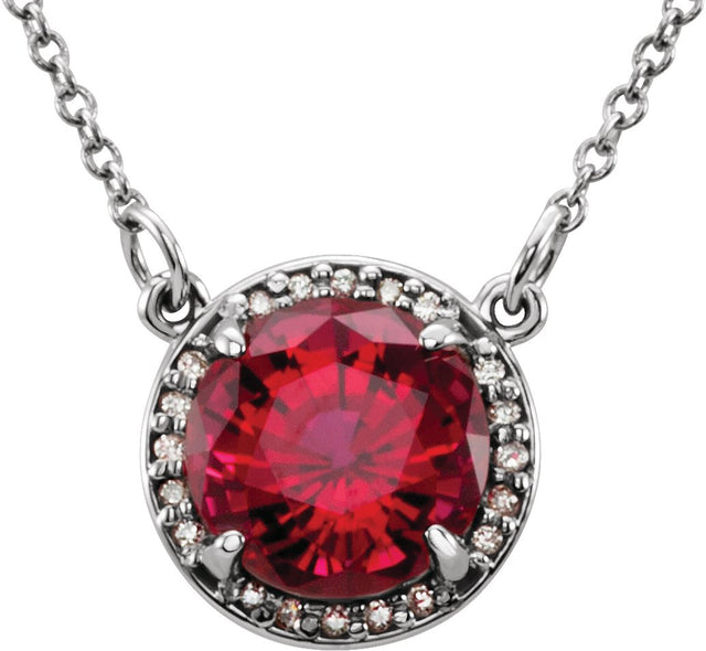 Platinum Round Lab-Grown Ruby & Natural Diamond Halo-Style Necklace