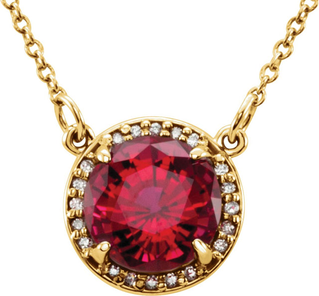 14K Gold Round Lab-Grown Ruby & Natural Diamond Halo-Style Necklace - Yellow Gold