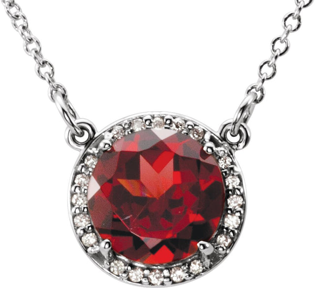 14K Gold Round Natural Mozambique Garnet & Natural Diamond Halo-Style Necklace – 6-8mm Stones - White Gold