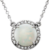 14K Gold Round Natural White Opal & Natural Diamond Halo-Style Necklace - White Gold