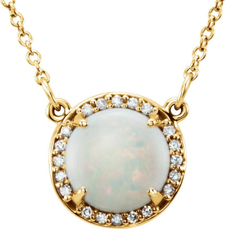 14K Gold Round Natural White Opal & Natural Diamond Halo-Style Necklace - Yellow Gold