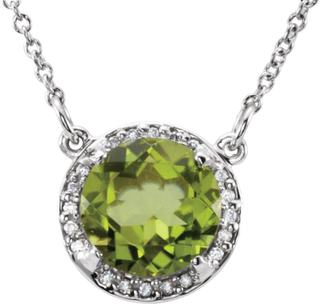 14K Gold Round Natural Peridot & Natural Diamond Halo-Style Necklace - White Gold