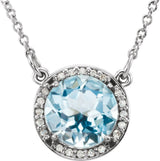 Platinum Round Natural Sky Blue Topaz & Natural Diamond Halo-Style Necklace
