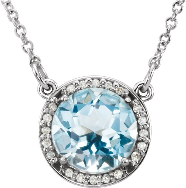 Platinum Round Natural Sky Blue Topaz & Natural Diamond Halo-Style Necklace
