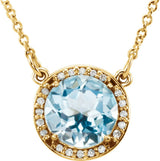 14K Gold Round Natural Sky Blue Topaz & Natural Diamond Halo-Style Necklace – 6-8mm Stones - Yellow Gold