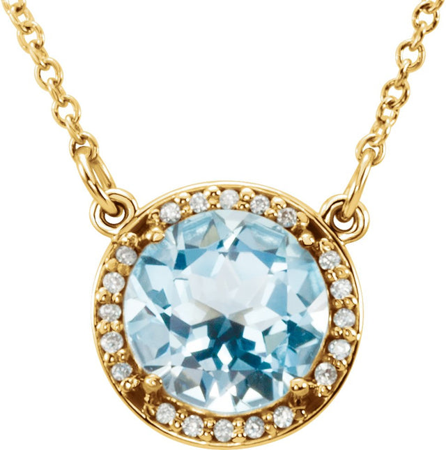 14K Gold Round Natural Sky Blue Topaz & Natural Diamond Halo-Style Necklace – 6-8mm Stones - Yellow Gold